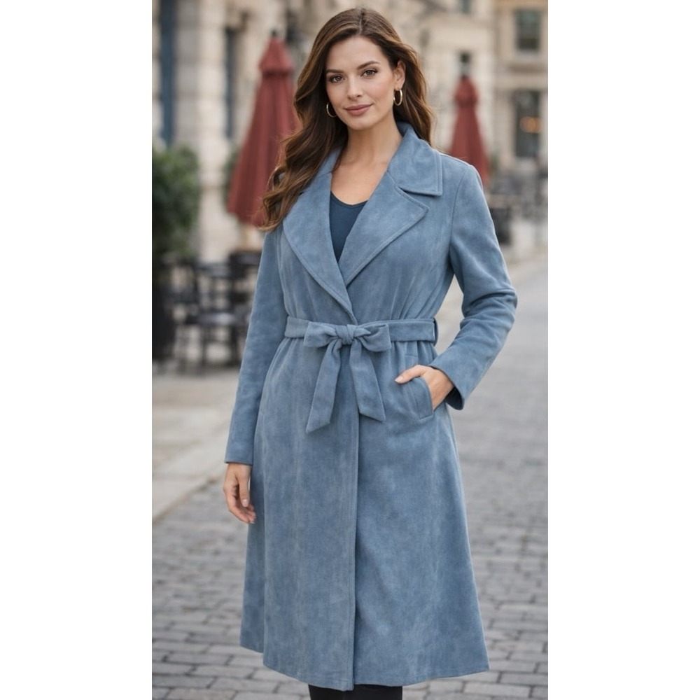 Soft Surroundings Women's Faux Suede Belted Trench Coat Jacket M Blue Winter NWT